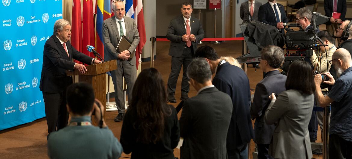 Secretary-General António Guterres speaks to the press on the continuation of the US-Israel-Iran conflict and its impact on the Middle East.