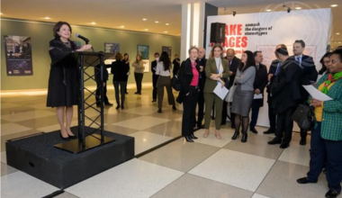 Under-Secretary-General for Political and Peacebuilding Affairs Rosemary DiCarlo (at left at podium), addresses the opening of the exhibit “Diplomacy for Peace” organized by the Department of Political and Peacebuilding Affairs (DPPA).