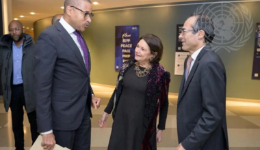 (L-R): UN Chief de Cabinet Courtenay Rattray, Under-Secretary-General Rosemary DiCarlo, and Assistant-Secretary-General Khaled Khiari at the opening of the exhibit “Diplomacy for Peace” organized by the Department of Political and Peacebuilding Affairs (D